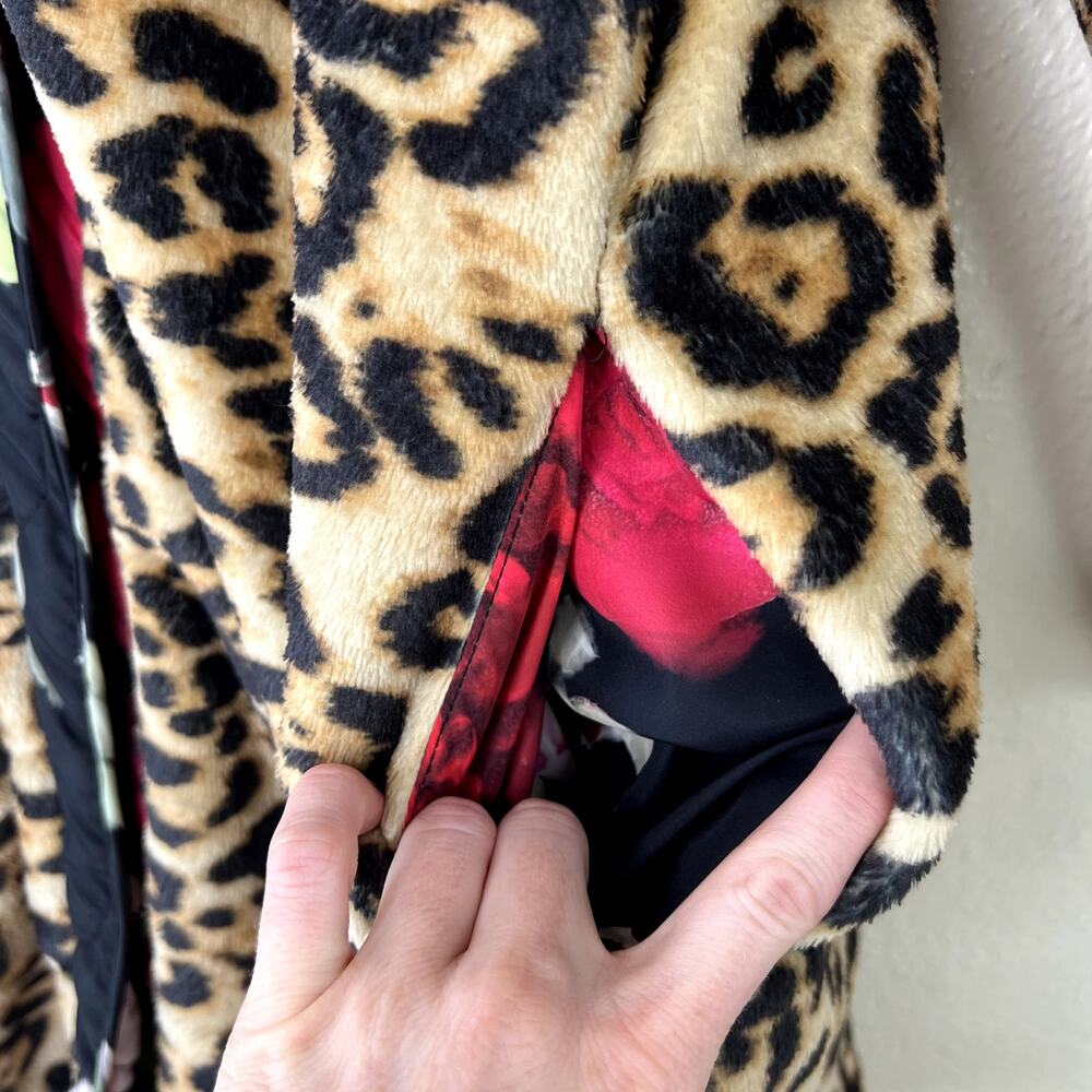 Johnny Was Vivi Puffer Jacket Reversible Floral Rose Print Leopard Faux Fur L - Picture 7 of 10